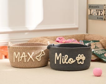 Personalized Pet Toy Basket – Custom Woven Storage Basket with Name, Dog or Cat Toy Organizer, Pet Gift Basket