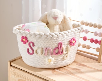 Panier tissé personnalisé - Panier de rangement personnalisé pour jouets de bébé, organiseur de chambre de bébé ou poubelle pour animaux de compagnie, cadeau fait main