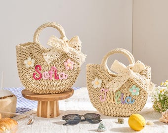 Personalized Mother Daughter Straw Bag Set, Custom Large Beach Tote & Small Crossbody, Matching Mommy and Me Summer Bags, Gift for Her