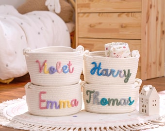 Personalized Woven Basket – Custom Name Storage Basket for Baby Toys, Nursery Organizer or Pet Toy Bin, Handmade Gift