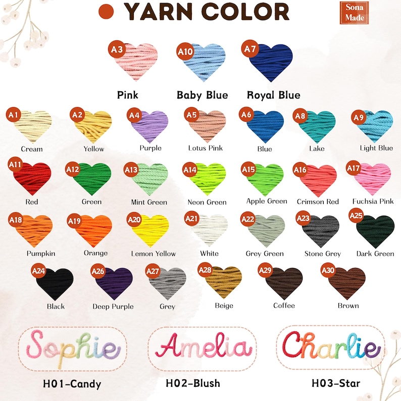 May include: A color chart displaying yarn colors, including pink, baby blue, and royal blue. The chart also features names like "Sophie," "Amelia," and "Charlie" in yarn. The text "Yarn Color" is at the top.