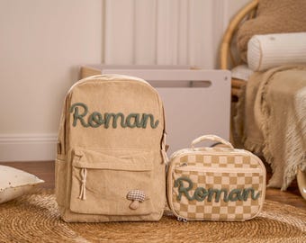 Personalized Corduroy Backpack and Lunch Bag Set – Custom Name School Bag for Kids, Toddler Preschool Bag, Back to School Gift