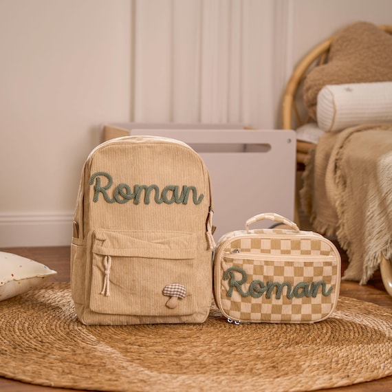 Personalized Corduroy Backpack and Lunch Bag Set – Custom Name School Bag for Kids, Toddler Preschool Bag, Back to School Gift