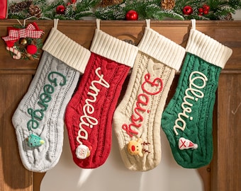 Bas de Noël personnalisés - chaussettes de Noël en tricot brodées personnalisées, décoration de Noël avec prénom, sac cadeau de vacances en famille