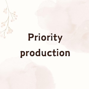 May include: A light beige background with the words "Priority production" in brown, bold text. The text is in a sans-serif font. There are peach-coloured watercolour blotches and a sprig of white flowers in the upper left corner.