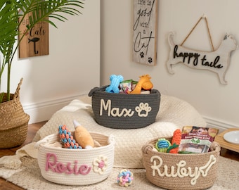 Personalized Pet Toy Basket – Custom Woven Storage Basket with Name, Dog or Cat Toy Organizer, Pet Gift Basket