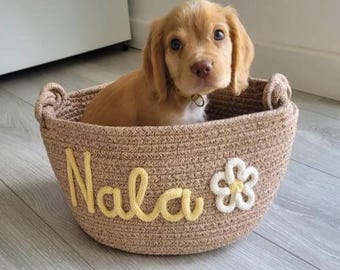 Personalized Pet Toy Basket – Custom Woven Storage Basket with Name, Dog or Cat Toy Organizer, Pet Gift Basket