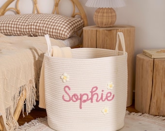 Personalized Woven Basket – Custom Name Storage Basket for Baby Toys, Nursery Organizer or Pet Toy Bin, Handmade Gift