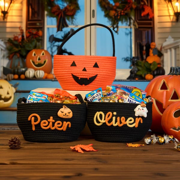 2025 Personalised Halloween Basket | Cotton Rope Name Tote | Trick-or-Treat | Removable Icon Pin | Baby Shower & Nursery Gift