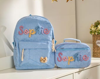 Personalized Corduroy Backpack and Lunch Bag Set – Custom Name School Bag for Kids, Toddler Preschool Bag, Back to School Gift