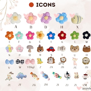 May include: A collection of colorful, crocheted appliques in various shapes, including flowers, animals, and bows. The image features a variety of colors and designs, with the word "ICONS" at the top. Each applique is labeled with a letter or combination of letters.