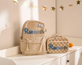 Personalized Corduroy Backpack and Lunch Bag Set – Custom Name School Bag for Kids, Toddler Preschool Bag, Back to School Gift