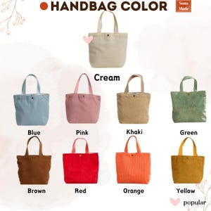 May include: A collection of tote bags in various colors, including cream, blue, pink, khaki, green, brown, red, orange, and yellow. The image displays the text "HANDBAG COLOR" at the top, with each bag labeled with its respective color.