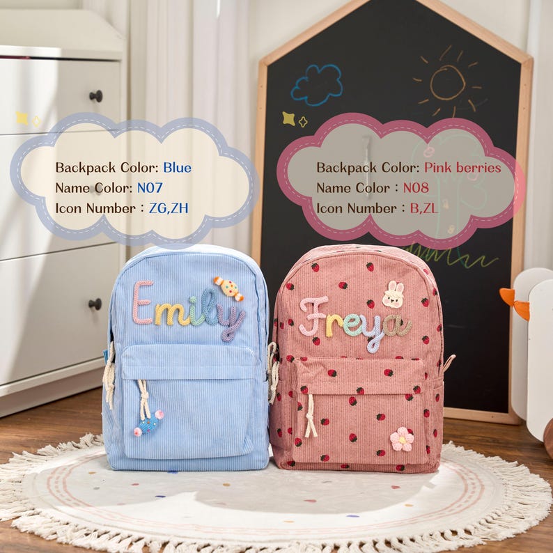 May include: Two corduroy backpacks, one light blue and one pink, are displayed. The blue backpack has the name "Emily" and a candy icon. The pink backpack has the name "Freya" and a bunny icon. Both have front pockets and adjustable straps. The text on the image says "Backpack Color: Blue" and "Backpack Color: Pink berries".