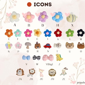 Op de afbeelding: Een verzameling kleurrijke, decoratieve iconen, waaronder bloemen, een bij, een paddenstoel, een auto, een vis, een kat, een strik en diverse dieren. Het woord "ICONS" staat bovenaan.