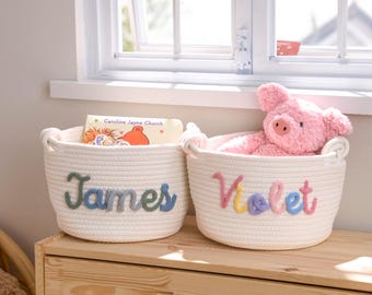Personalized Woven Basket – Custom Name Storage Basket for Baby Toys, Nursery Organizer or Pet Toy Bin, Handmade Gift