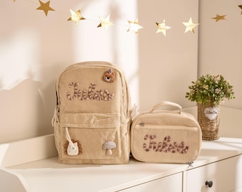 Personalized Corduroy Backpack and Lunch Bag Set – Custom Name School Bag for Kids, Toddler Preschool Bag, Back to School Gift