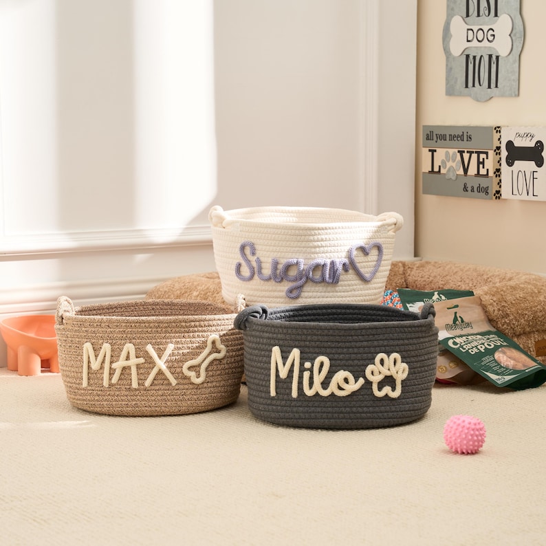 Personalized Pet Toy Basket \u2013 Custom Woven Storage Basket with Name, Dog or Cat Toy Organizer, Pet Gift Basket