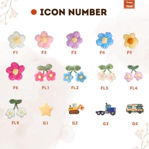 May include: A collection of crochet appliques in various shapes and colors. The designs include flowers, cherries, a star, a construction vehicle, a semi-truck, and a recreational vehicle. Each applique is labeled with a corresponding icon number.