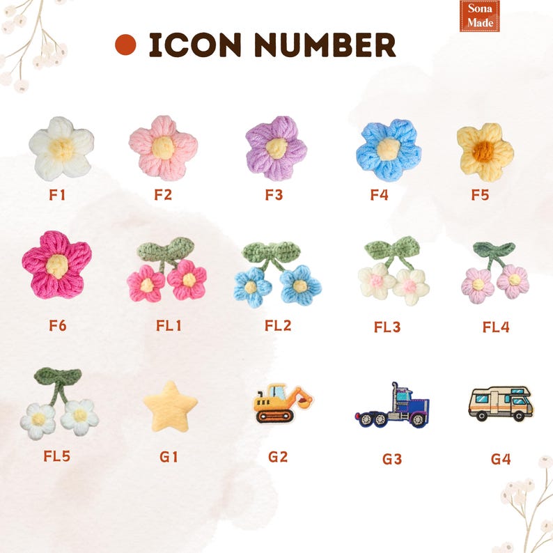 May include: A collection of crochet appliques in various shapes and colors. The designs include flowers, cherries, a star, a construction vehicle, a semi-truck, and a recreational vehicle. Each applique is labeled with a corresponding icon number.