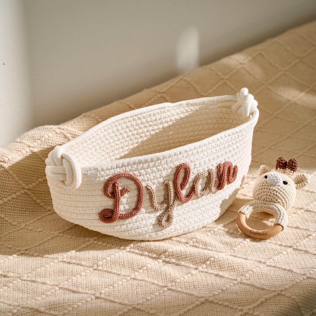 Personalized Baby Gift Set – Custom Name Basket and Crochet Rattle ...