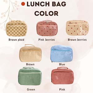 Op de afbeelding: Een assortiment lunchtassen in verschillende kleuren en patronen. De tassen zijn onder meer bruin geruit, roze bessen, bruine bessen, bruin, blauw, groen en roze. Elke tas heeft een handvat en een ritssluiting. De tekst "LUNCH BAG COLOR" staat bovenaan.