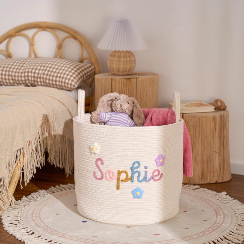 Personalized Woven Basket \u2013 Custom Name Storage Basket for Baby Toys, Nursery Organizer or Pet Toy Bin, Handmade Gift