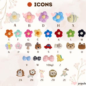 May include: A collection of colorful, decorative icons, including flowers, a bee, a mushroom, a car, a fish, and animal faces. The word "ICONS" is at the top. The icons are labeled with letters and numbers.