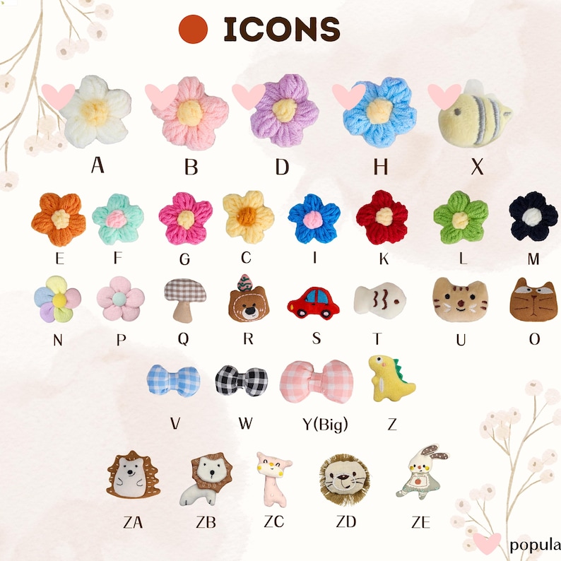May include: A collection of colorful, decorative icons, including flowers, a bee, a mushroom, a car, a fish, and animal faces. The word "ICONS" is at the top. The icons are labeled with letters and numbers.