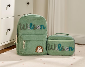 Personalized Corduroy Backpack and Lunch Bag Set – Custom Name School Bag for Kids, Toddler Preschool Bag, Back to School Gift