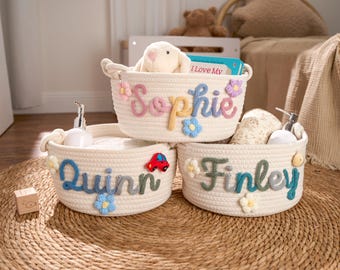 Personalized Woven Basket – Custom Name Storage Basket for Baby Toys, Nursery Organizer or Pet Toy Bin, Handmade Gift