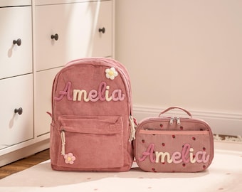 Personalized Corduroy Backpack and Lunch Bag Set – Custom Name School Bag for Kids, Toddler Preschool Bag, Back to School Gift