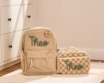 Personalized Corduroy Backpack and Lunch Bag Set – Custom Name School Bag for Kids, Toddler Preschool Bag, Back to School Gift