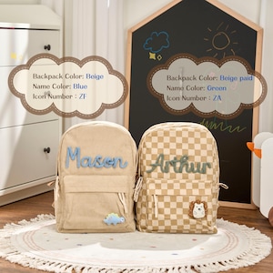 May include: Two beige backpacks with personalized names. One is corduroy with "Mason" in blue, a dinosaur icon, and the text "Backpack Color: Beige, Name Color: Blue, Icon Number: ZF". The other is checkered with "Arthur" in green, a hedgehog icon, and the text "Backpack Color: Beige paid, Name Color: Green, Icon Number: ZA".