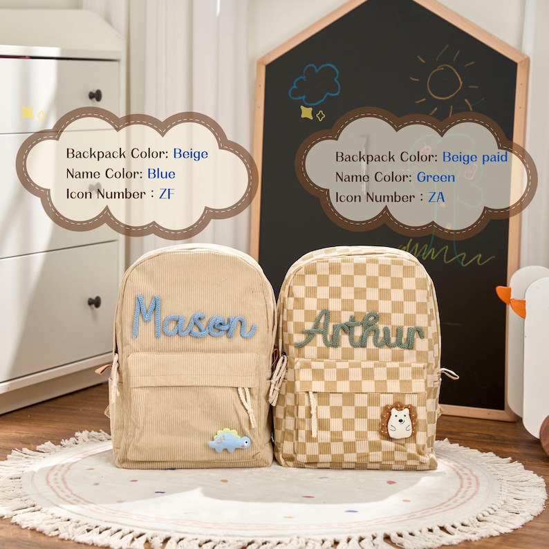 May include: Two beige backpacks with personalized names. One is corduroy with "Mason" in blue, a dinosaur icon, and the text "Backpack Color: Beige, Name Color: Blue, Icon Number: ZF". The other is checkered with "Arthur" in green, a hedgehog icon, and the text "Backpack Color: Beige paid, Name Color: Green, Icon Number: ZA".