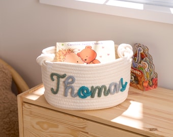 Personalized Woven Basket – Custom Name Storage Basket for Baby Toys, Nursery Organizer or Pet Toy Bin, Handmade Gift