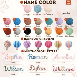 Op de afbeelding: Een productcatalogus met garenkleuren en meerkleurige letteropties. Garenkleuren zijn onder meer roze, blauw, cr&egrave;me, roos, oceaan, bruin, beige, gras, paars, marineblauw, baksteen, grijs, zwart, groen, geel, oranje en mintgroen.