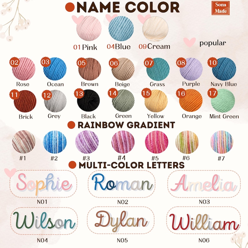 Op de afbeelding: Een productcatalogus met garenkleuren en meerkleurige letteropties. Garenkleuren zijn onder meer roze, blauw, cr&egrave;me, roos, oceaan, bruin, beige, gras, paars, marineblauw, baksteen, grijs, zwart, groen, geel, oranje en mintgroen.
