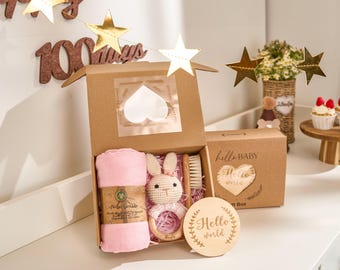 Personalized Baby Gift Set – Custom Newborn Rattle Box, Handmade Crochet Toy - Blanket, Baby Shower Gift for Girls & Boys