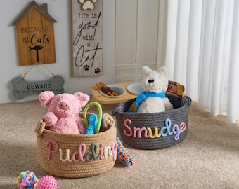 Personalized Pet Toy Basket – Custom Woven Storage Basket with Name, Dog or Cat Toy Organizer, Pet Gift Basket