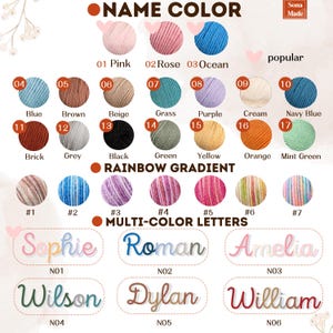 May include: A product display featuring yarn color options and multi-color letter name signs. Yarn colors include pink, blue, green, and yellow. The signs spell out names like Sophie, Roman, and William, with various color combinations.
