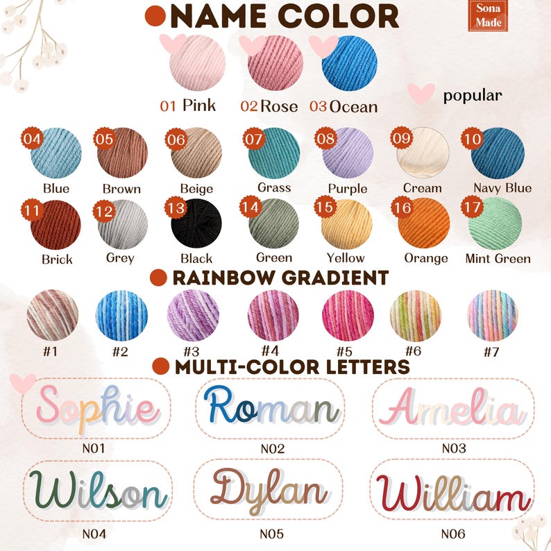 May include: A product display featuring yarn color options and multi-color letter name signs. Yarn colors include pink, blue, green, and yellow. The signs spell out names like Sophie, Roman, and William, with various color combinations.
