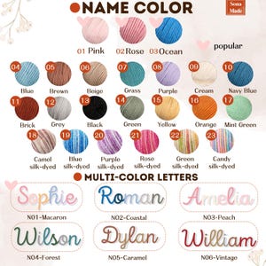 May include: A product display featuring yarn color swatches and multi-color name signs. Yarn colors include pink, blue, brown, and green. Name signs include "Sophie", "Roman", and "Amelia". The text "NAME COLOR" is at the top.