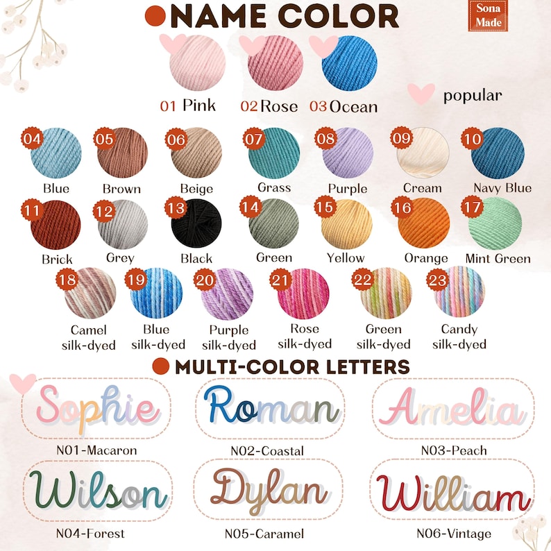 May include: A product display featuring yarn color swatches and multi-color name signs. Yarn colors include pink, blue, brown, and green. Name signs include "Sophie", "Roman", and "Amelia". The text "NAME COLOR" is at the top.