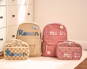 Personalized Corduroy Backpack and Lunch Bag Set – Custom Name School Bag for Kids, Toddler Preschool Bag, Back to School Gift