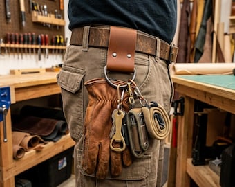 May include: A brown leather belt loop keychain holder attached to a belt, featuring a large metal ring holding a tan leather work glove, a brass bottle opener, a small multi-tool pouch, and a coiled tan cord, all hanging from the waist.