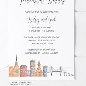May include: Rehearsal dinner invitation with a watercolor illustration of a cityscape with a bridge. The invitation is for Lindsay and Jack on Thursday, May 18th at 6 o'clock in the evening at The River House at Lowndes Grove, 266 Saint Margaret Street, Charleston, SC 29403.  RSVP by April 21st to 843.123.4567 or mary@email.com.