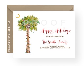 South Carolina Palmetto Moon Christmas Greeting and Moving Announcement with Palmetto Tree and Moon, Palmetto State New Address Cards