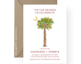 Coastal Christmas Watercolor Palm Tree with Christmas Lights Cocktails and Cheers Holiday Party Invitations, Gift exchange, Beach Christmas