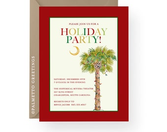 Coastal Christmas Watercolor Palm Tree with Christmas Lights Holiday Party Invitations, Gift exchange, Beach Christmas South Carolina